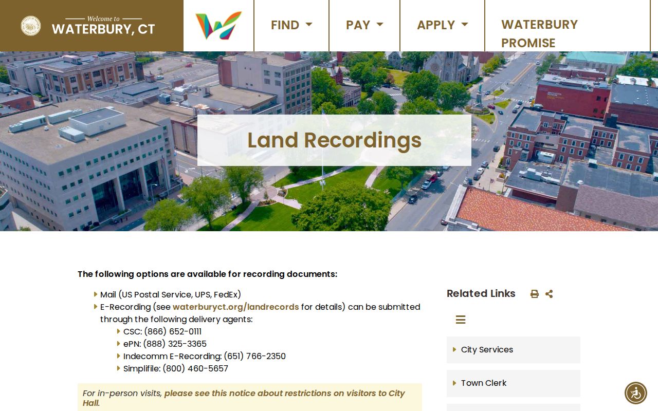 Waterbury City clerk records land recordings page