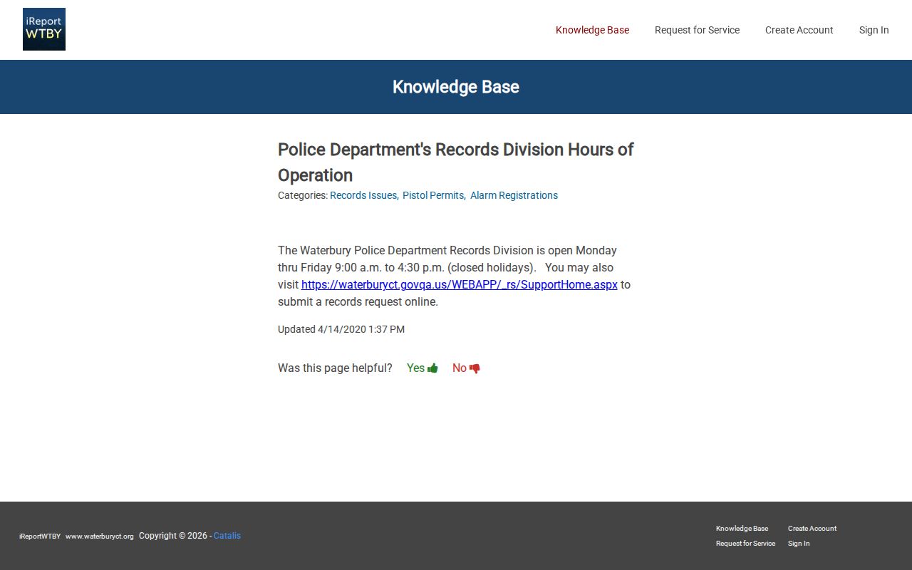 Waterbury City clerk records police records hours