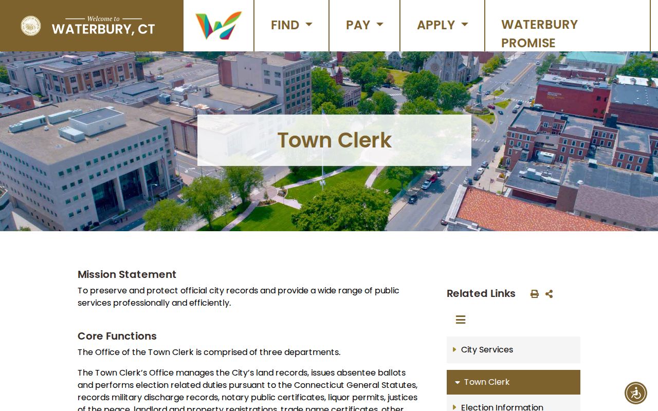 Waterbury City clerk records Town Clerk contact page