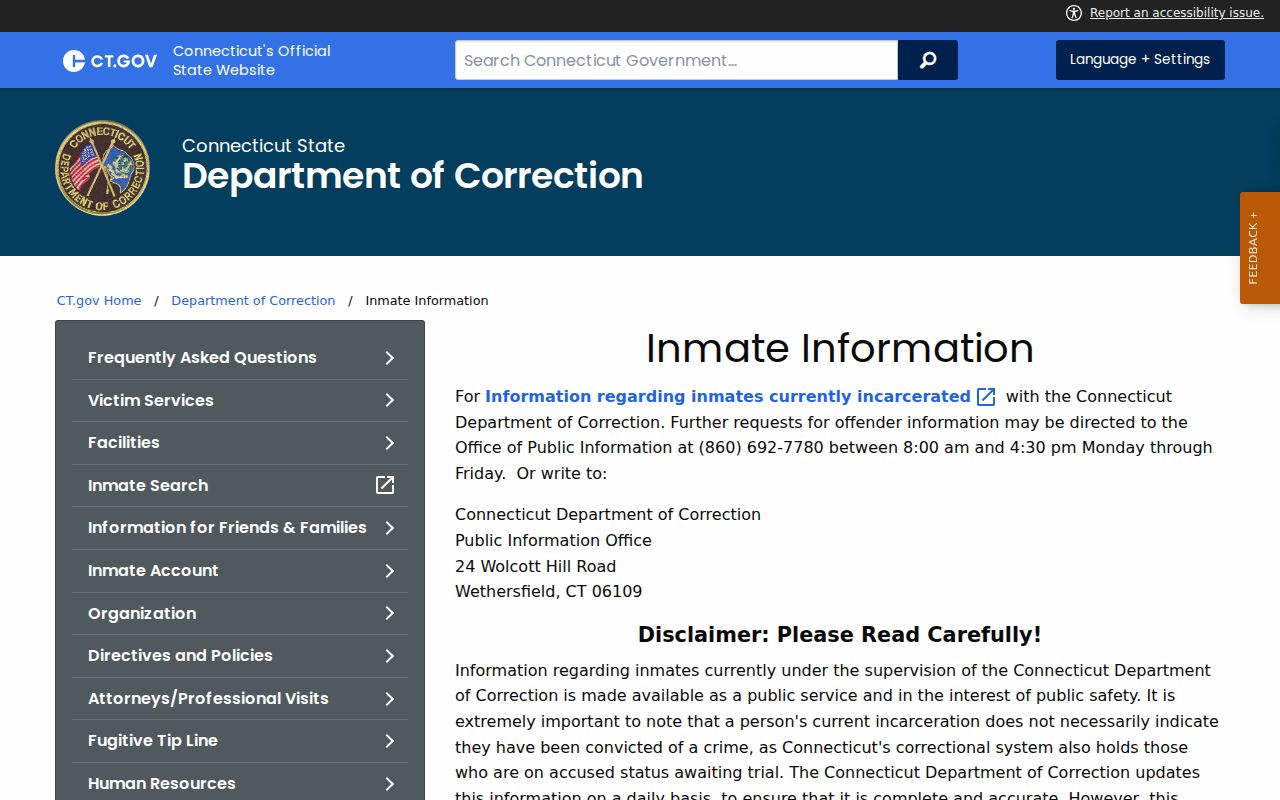 Waterbury City arrest records DOC inmate information warning