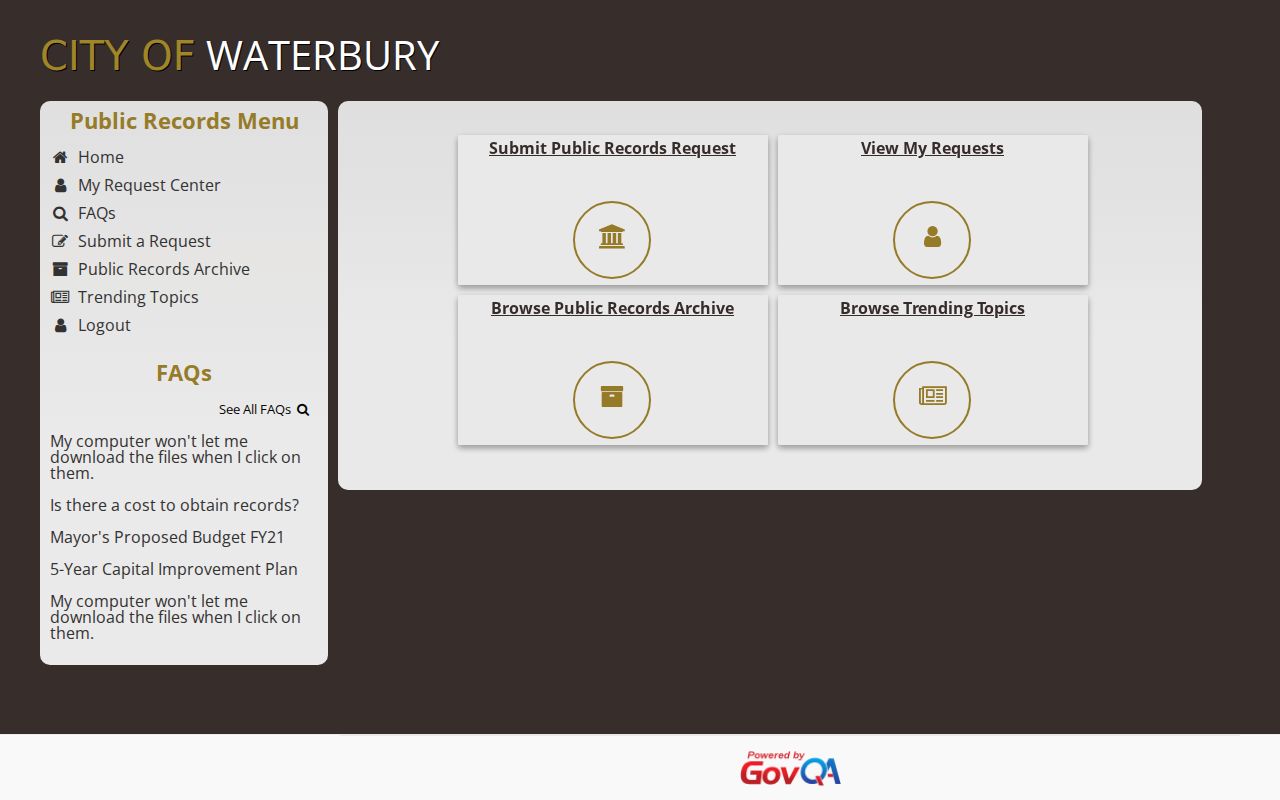 Waterbury City arrest records GovQA public records request portal
