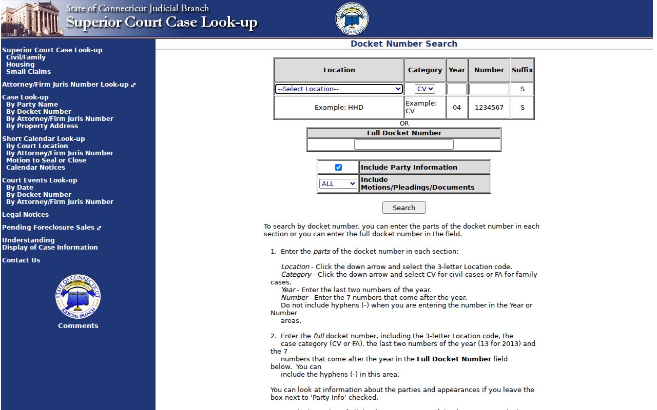 Waterbury City court records Superior Court docket search fields