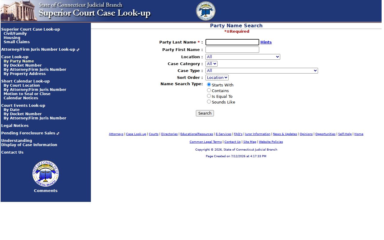 Waterbury City court records Superior Court party search fields