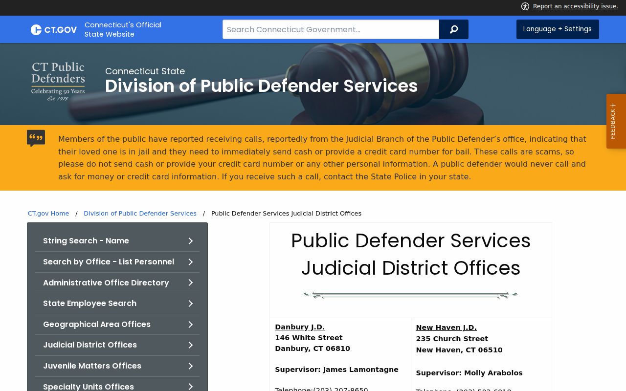 Waterbury City criminal court records public defender services offices