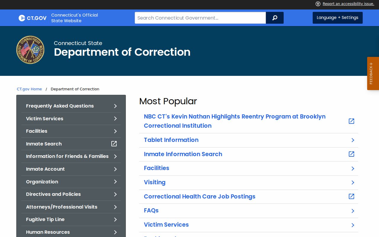 Waterbury City inmate records Department of Correction homepage