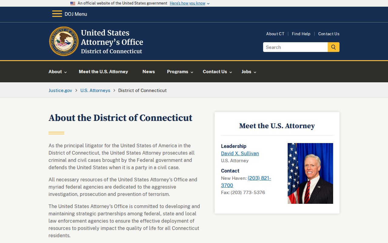 Waterbury City federal criminal records United States Attorney District of Connecticut