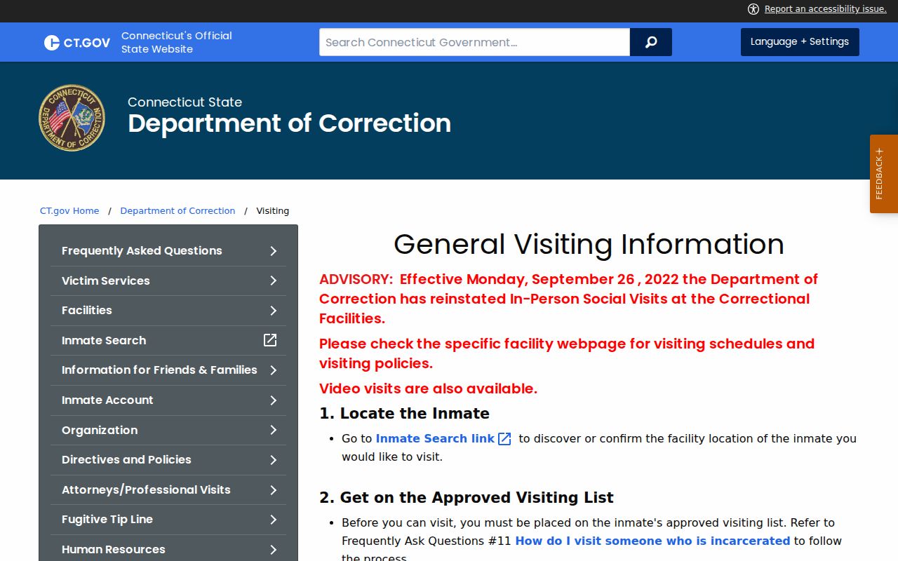Waterbury City inmate records DOC visiting rules