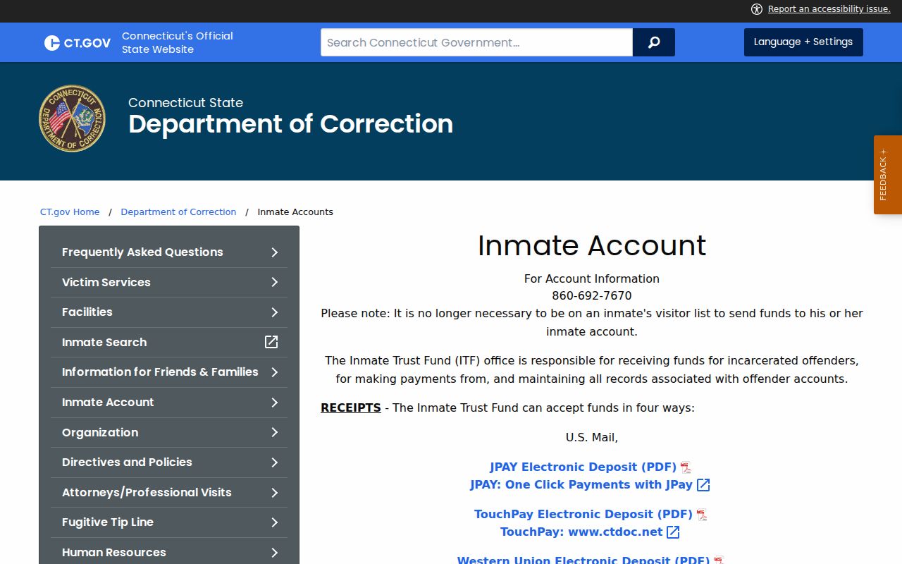 Waterbury City inmate records DOC inmate account requirements