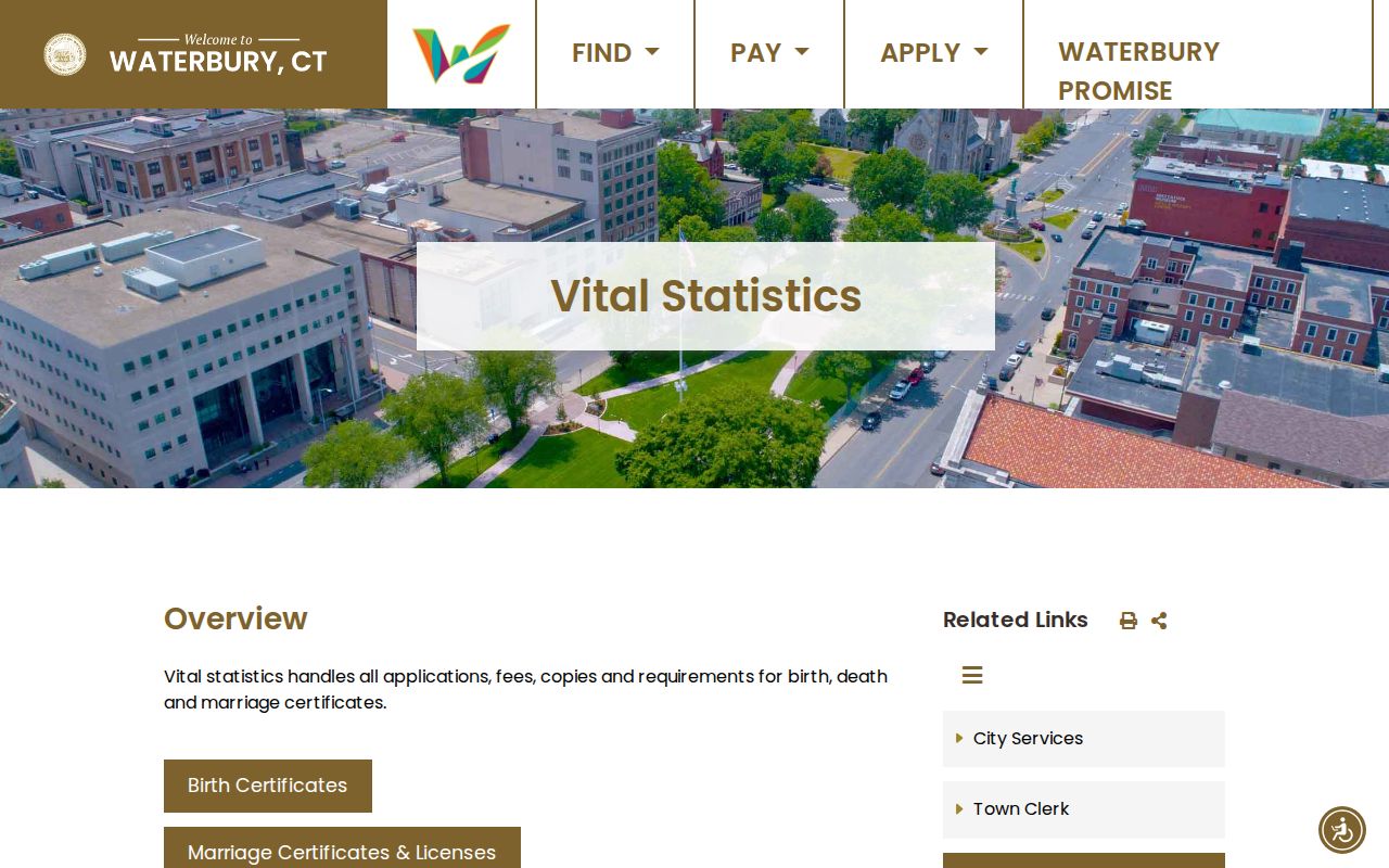 Waterbury City marriage records Vital Statistics office page