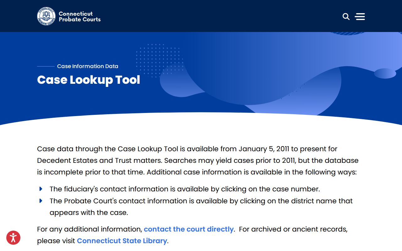 Waterbury City probate records case lookup page