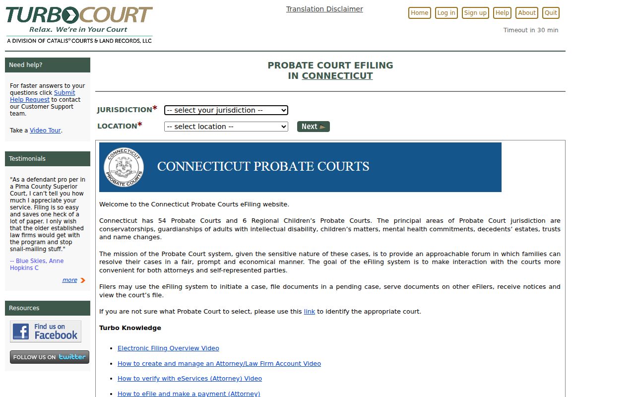 Waterbury City probate records Probate Court eFiling page