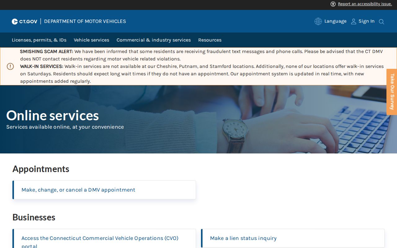 Waterbury traffic court records DMV online services menu