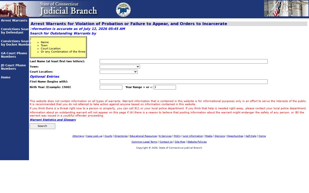 Waterbury City warrant search fields in the Connecticut court portal