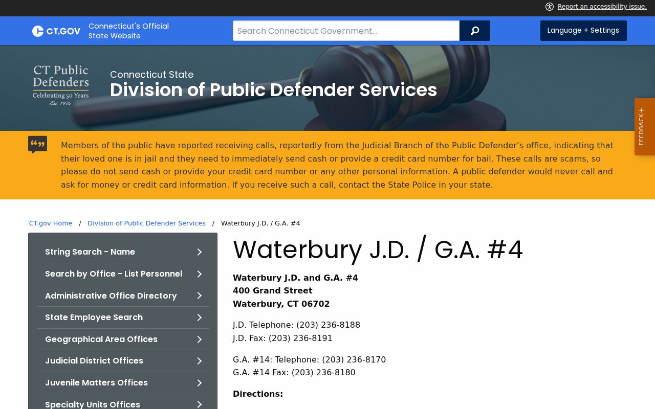 Waterbury City warrant records courthouse contact for Waterbury JD and GA 4