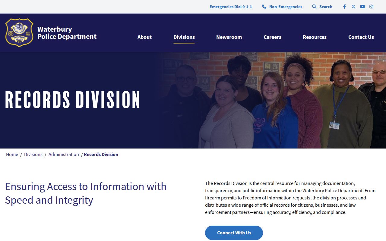 Waterbury City warrant records police records division contact page